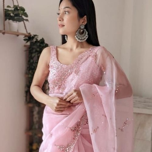 Ladies Net Pink Saree For Party Wear Occasion, Comfortable And Easily Washable