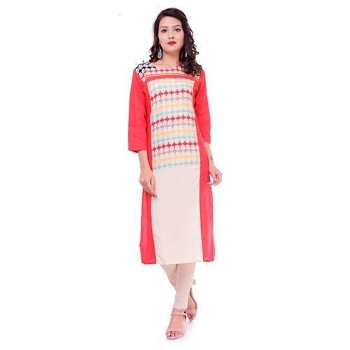 Red And White Breathable Casual Wear Collar Neck Full Sleeve Printed Cotton Kurti For Ladies