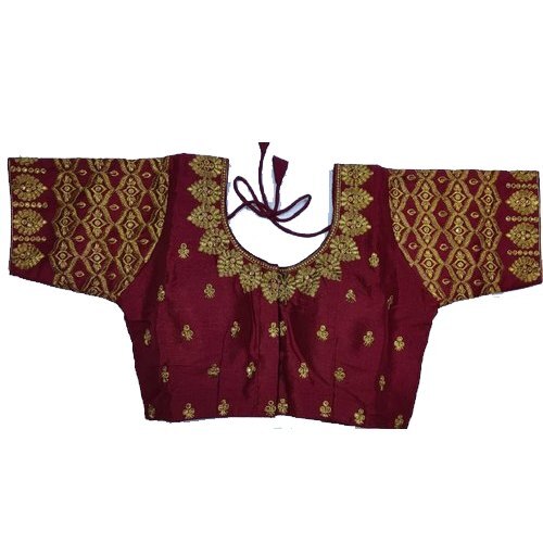 Designer Blouses - Cotton Plus Size Maroon Blouse, U-Neck, Short Sleeves, Embroidered Pattern - Quick Dry, Washable, Regular Fit, Party Wear