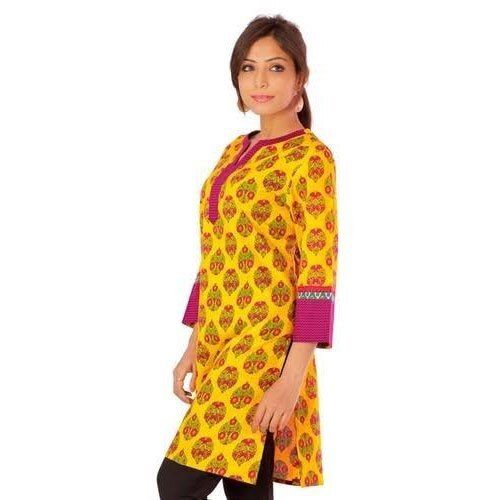 Pink And Yellow Tear Resistance Casual Wear Ladies Regular Fit 3/4Th Sleeves Printed Cotton Kurti