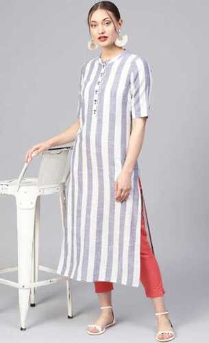 Designer Cotton Stripes Short Sleeves Kurtis For Casual Wear