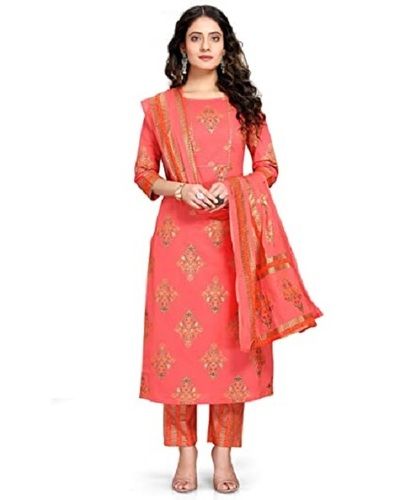 Orange Ladies Round Neck Printed Cotton Kurtis