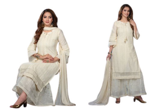 Casual Wear Regular Fit 3/4th Sleeves Round Neck Plain Readymade Sharara Suits for Ladies