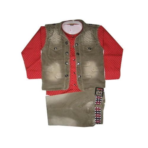 Red And Brown Kids Trendy Denim Jacket Set