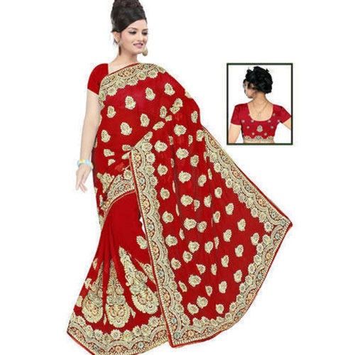 Red Color Georgette Fabric Ladies Embroidered Saree