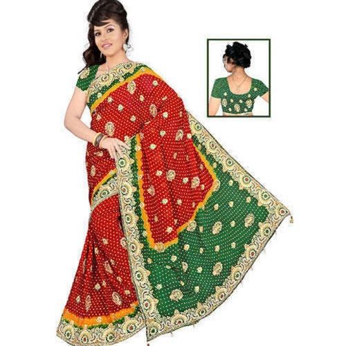 Multicolor Red, Green Color Embroidery Chiffon Fabric Designer Saree