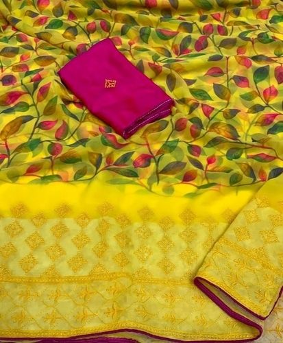 Yellow Hand Embroidered Pattern Bollywood Style Printed Georgette Sarees