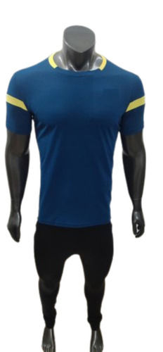 Navy Blue Men Polyester Plain Matching Round Neck T Shirt