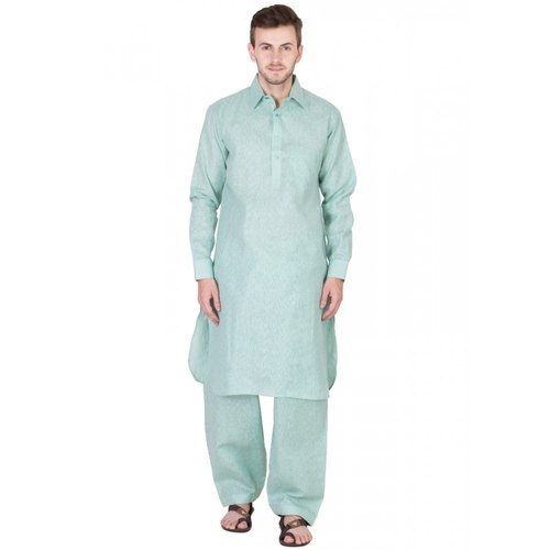 Mens Collared Button Closure Full Sleeves Plain Dyed Cotton Pathani Suit