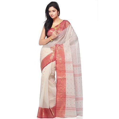 Cream And Pink Traditional Woven Bengal Cotton Tant Ladies Saree