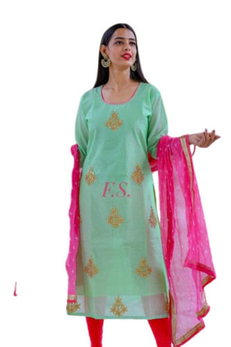 Pista Green Designer Casual Wear Comfortable Cotton Chanderi Handwork Suit For Womens