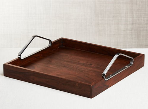 Smooth Brown Wooden Tray With Metal Handle