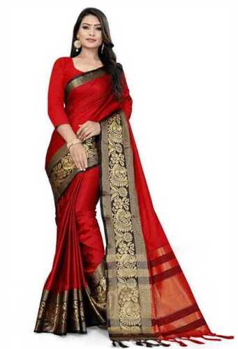 Red & Golden Designer Party Wear Printed Cotton Silk Women Saree