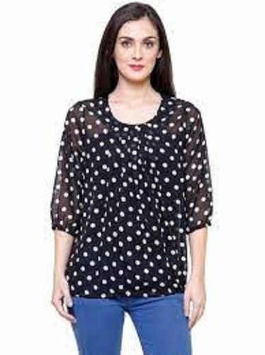 Ladies 3/4 Sleeves Round Neck Printed Chiffon Tops