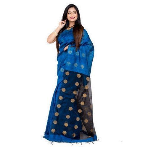 Blue Ethnic Indian Light Weight Ladies Matka Printed Party Wear Cotton Saree