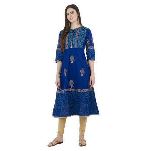 Printed Cotton Anarkali Kurti - Premium Quality Royal Blue Color 3-4th Sleeve Quick Dry Washable Available Sizes L M S XL