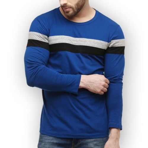 Washable Full Sleeves Plain Pattern Round Neck Cotton T-Shirt For Men 