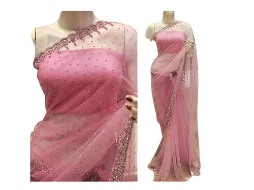 Mild Steel Washable Party Wear Satin Silk Net Embroidery Stone Work Saree For Ladies