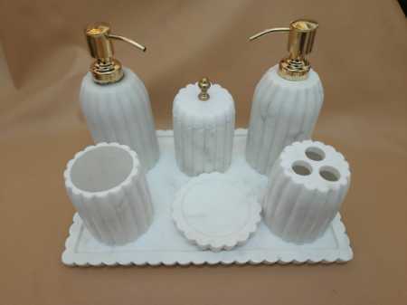 White Marble Round Grooving Bath Set With 7 Pieces Pack