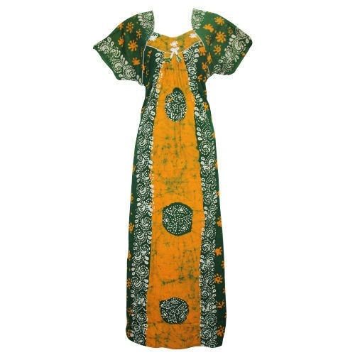 Green And Yellow Cotton Printed Night Gown For Ladies