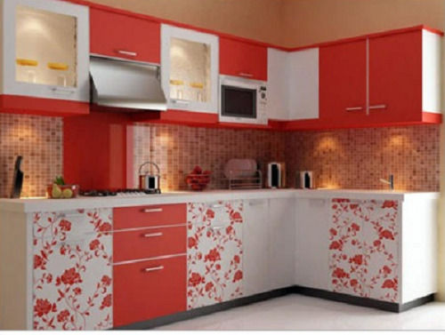 Eco Friendly Floral Printed Marble Top Wooden L Shaped Modular Kitchen