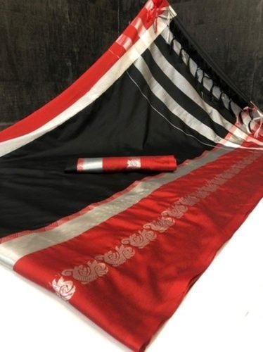 Red Black Plain Silk Saree