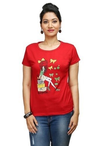 Ladies Half Sleeves And Round Neck Casual Wear Red Printed Cotton Top