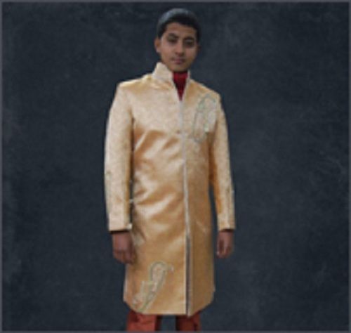 Men Long Sleeves Mandarin Neck Orange Embroidered Wedding Sherwani