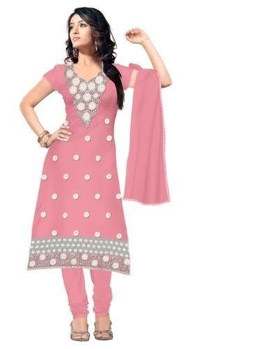 Pink Color Embroidered Cotton Dress Material With Pearls