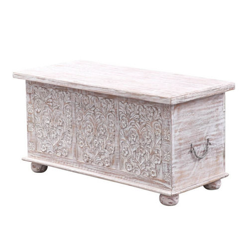 Abruzzo Floral Hand Carved Solid Wood Storage Coffee Table Trunk With Metal Side Handle