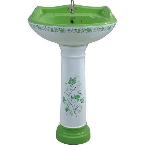 As Shown In The Image Floor Mounted Designer Printed Green And White Ceramic Pedestal Wash Basin