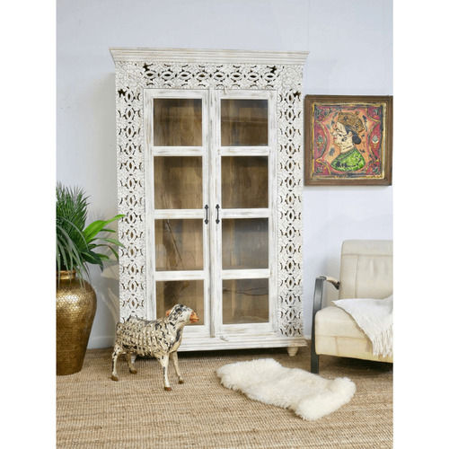 Interior Handmade Off White Acacia Wood And Steel Showpiece Display Cabinet For Home