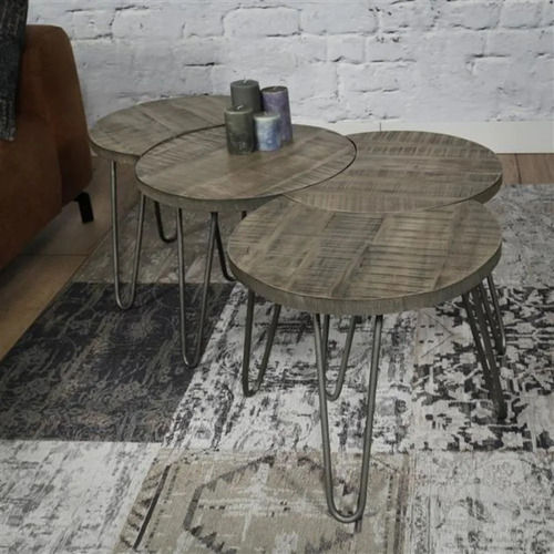 Modular Handmade Grey Sheesham Solid Wood And Metal Base Coffee Table, Set Of 4