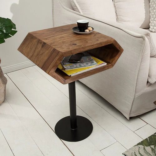 Portable Hexagon Stone Finish Solid Sheesham Wood Side Table With Storage Shelf