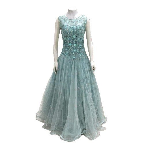 Light Green Premium Quality Casual And Party Wear Sleeveless Ladies Embroidered Net Gown