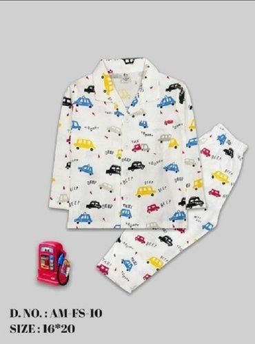 Full Sleeves And Collar V Neck Printed Cotton Kids Nightwear With 2 Pieces Set