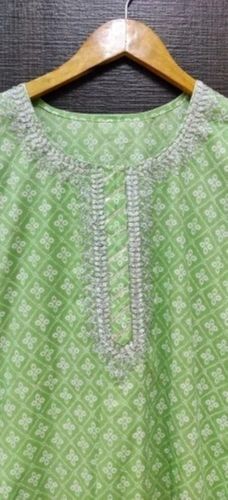 Silver Light Green Color Embroidered Cotton Kurti