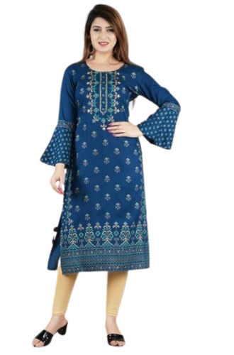 Navi Blue Color Rayon Ladies Kurti