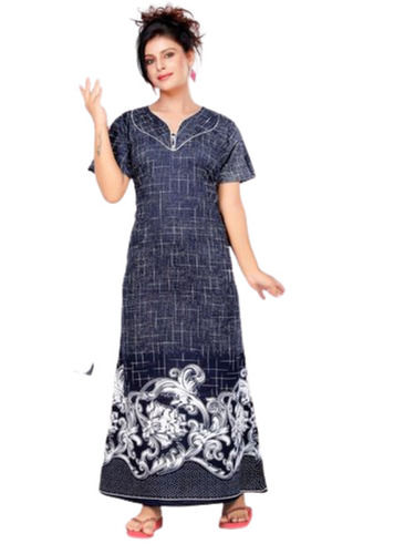 Ladies Navy Blue Printed Cotton Nightgown