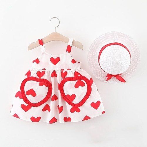 Sleeveless And Round Neck Heart Printed Baby Frocks With 2 Waist Pocket
