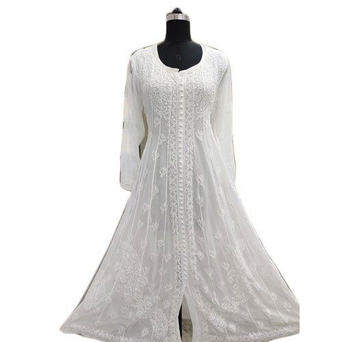 White Skin Friendly Silk Thread Embroidery Anarkali Kurti For Girls