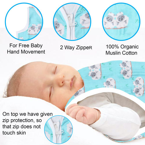 Automatic Baby Double Layer 100% Organic Muslin Cotton Sleeping Bag With Two Way Zipper