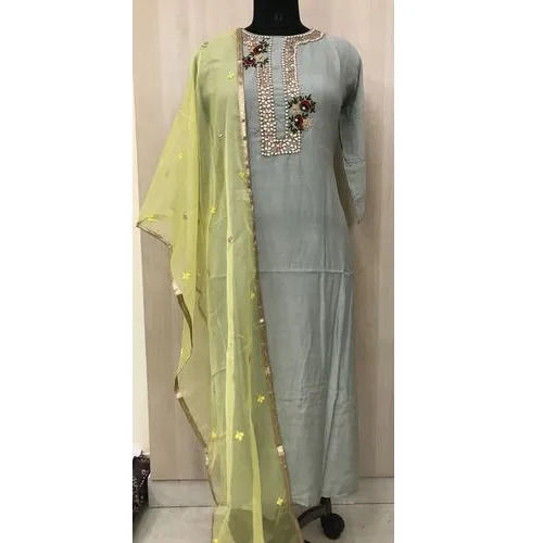 Comfortable Straight Party Wear Grey Ladies Muslin Long Kurti With Dupatta