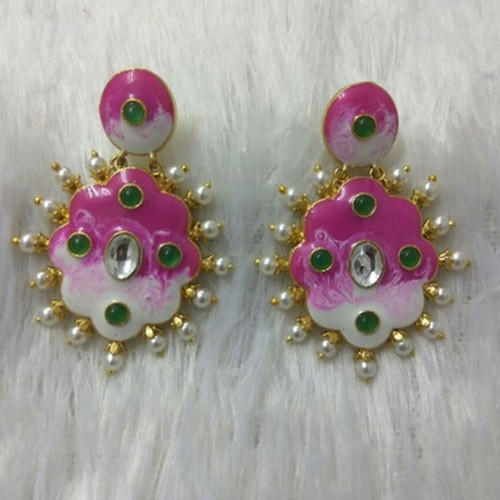 Elegant Look Pearl Stone Gold Color Drop Type Meenakari Earrings For Party