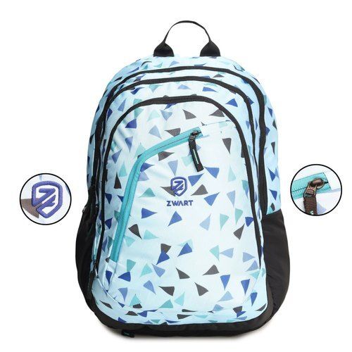 Lightweight Waterproof Stylish Polyester Black And Sky Blue Printed School Bag