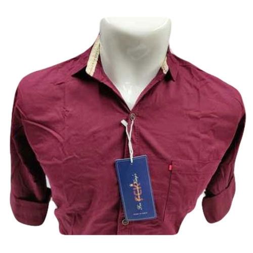 Mens Maroon Plain Full Sleeves Causal Shirt