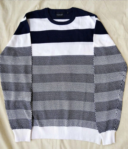 Automatic Navy Blue Striped Full Sleeves Mens Sweater With Normal Wash And Round Neck