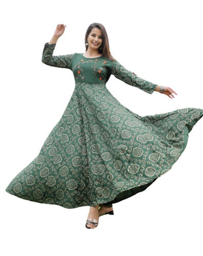 Frp Party Wear Long Sleeve Round Neck Comfort Fit Printed Rayon Anarkali Kurtis