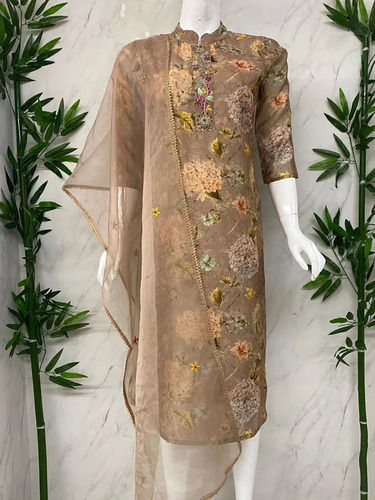 Silk Casual Wear Light Coffee Color Printed Designer Hand Work Ladies Kurti