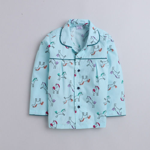 Designer Printed Regular Wear Collar Neck Full Sleeves Kids Cotton Night Suit